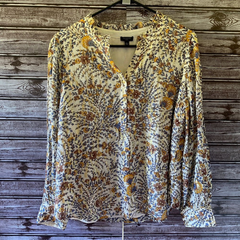 Talbots Petites Women's Long-Sleeved Blouse Size LP White Floral Gold Metallic